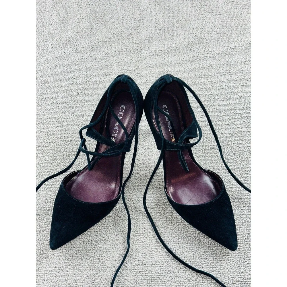 Coach‎ Pumps Women 7.5 Black Shae Lux Suede Lace Up Tassel Luxury Academia Goth